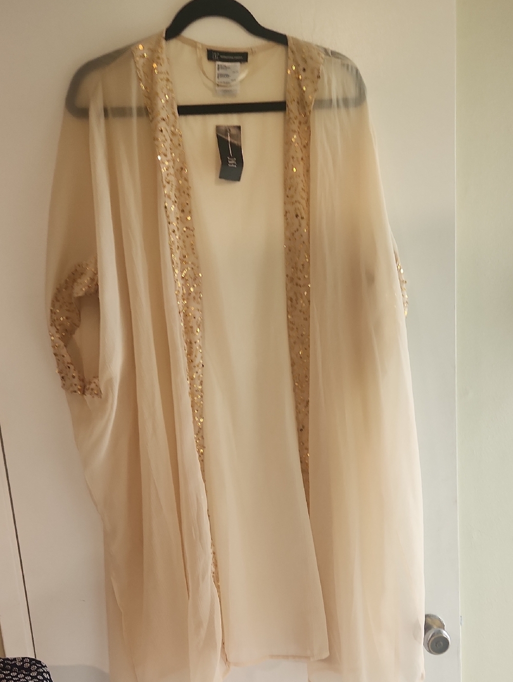 INC International Concepts Cream Sheer Kimono with Gold Sequin Trim